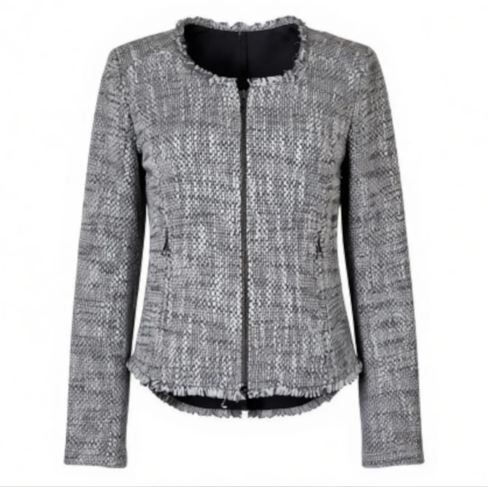 Joie Blazer Size S Gray White Tweed Zip Front Sleeve Fringe Trim Zipper Cuffs